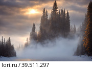 Beautiful frozen northern landscape at sunset during bliszard, AI generated. Стоковое AI-изображение, AI-художник Сергей Старуш / Фотобанк Лори