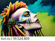 Painted human skull with colorful dreads, flowers and paint spashes, AI generated. Стоковое AI-изображение, AI-художник Сергей Старуш / Фотобанк Лори