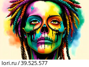 Painted human skull with colorful dreads, flowers and paint spashes, AI generated. Стоковое AI-изображение, AI-художник Сергей Старуш / Фотобанк Лори