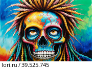 Painted human skull with colorful dreads, flowers and paint spashes, AI generated. Стоковое AI-изображение, AI-художник Сергей Старуш / Фотобанк Лори