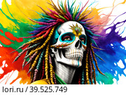 Painted human skull with colorful dreads, flowers and paint spashes, AI generated. Стоковое AI-изображение, AI-художник Сергей Старуш / Фотобанк Лори