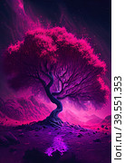 Pink lonely branchy tree on pink planet under a starry sky and a starry milky way. Стоковое AI-изображение, AI-художник Евгений Ткачёв / Фотобанк Лори