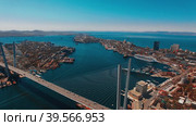 Aerial view of the Golden bridge against the background of the city. Vladivostok, Russia (2020 год). Стоковое видео, видеограф Виктория Кольцова / Фотобанк Лори