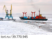 Грузовой корабль с контейнерами возле причала морского порта. Морское судоходство и морские грузоперевозки в Арктике. Судно проходит среди льдин. Анадырский морской порт, Чукотка, Дальний Восток России. Ноябрь. Редакционное фото, фотограф Андрей Степанов / Фотобанк Лори