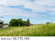 Kizhi Island, Karelia, Russia. The view from the water of a unique ancient architectural ensemble of traditional wooden folk architecture. UNESCO World Heritage Site in Russia.Summer sunny day. (2015 год). Стоковое фото, фотограф Оксана Медведева / Фотобанк Лори