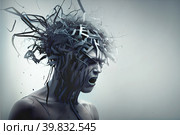 Mans head thoughts His expression is one of anguish and pain, reflecting the inner turmoil he is facing. the chaos surrounding him. Стоковое AI-изображение, AI-художник Владимир Разгуляев / Фотобанк Лори