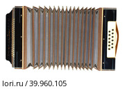 A very old accordion, one button is not, isolated on white background. Стоковое фото, фотограф Сизов Иван Николаевич / Фотобанк Лори