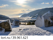 View from the marble quarry to the village of Buguldeyka and Lake Baikal in February, Russia. Стоковое фото, фотограф Ирина Толокновская / Фотобанк Лори