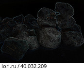 Abstract dark image with gemstones of various shapes and sizes in a compact pile, closeup on black. Chiaroscuro sketch of uncut small stones with luminous semi-colored outlines in thin and bold curves. Стоковая иллюстрация, иллюстратор Анатолий Власов / Фотобанк Лори
