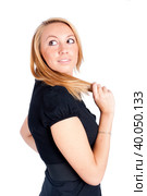 Young pretty woman over white background. Стоковое фото, фотограф Сергей Буторин / Фотобанк Лори