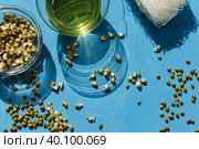 Green mung bean, bean sprouts, and cellophane, thin transparent noodles made from beans starch. Close-up with sharp shadows. Стоковое фото, фотограф Bogdanova Mariia / Фотобанк Лори