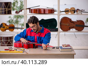Young man repairing musical instruments at workshop. Стоковое фото, фотограф Elnur / Фотобанк Лори