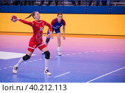 Шаркова Полина (24) в  гандбольном матче предварительного этапа Olimpbet Суперлиги 2022/23 между женскими командами ЦСКА (Москва. Россия) и «Астраханочка» (Астрахань. Россия). Стадион «Динамо» (2023 год). Редакционное фото, фотограф Pukhov K / Фотобанк Лори