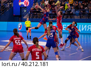 Гандбольный матч предварительного этапа Olimpbet Суперлиги 2022/23 между женскими командами ЦСКА (Москва. Россия) и «Астраханочка» (Астрахань. Россия). Стадион «Динамо» (2023 год). Редакционное фото, фотограф Pukhov K / Фотобанк Лори