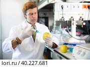 Professional Latin male biochemist investigating behavior of blue liquid reagents while working in modern laboratory. Стоковое фото, фотограф Яков Филимонов / Фотобанк Лори