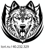 Wolf Fenrir's head, sticker or tatoo design, black on white background. AI generated image. Стоковое AI-изображение, AI-художник Сергей Старуш / Фотобанк Лори