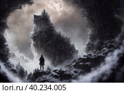 A cliff looking like giant wolf, warg Fenrir, looking at you trough snow covered trees in the northern forest at twilight. AI generated. Стоковое AI-изображение, AI-художник Сергей Старуш / Фотобанк Лори