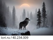 Giant wolf, warg Fenrir, looking at you trough snow covered trees in the northern forest at twilight. AI generated. Стоковое AI-изображение, AI-художник Сергей Старуш / Фотобанк Лори