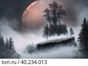 Beautiful frozen northern landscape at sunset during bliszard, AI generated. Стоковое AI-изображение, AI-художник Сергей Старуш / Фотобанк Лори