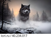 Beautiful northern landscape with giant wolf, warg Fenrir, AI generated. Стоковое AI-изображение, AI-художник Сергей Старуш / Фотобанк Лори