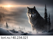 Beautiful northern landscape with giant wolf looking at you, warg Fenrir, AI generated. Стоковое AI-изображение, AI-художник Сергей Старуш / Фотобанк Лори