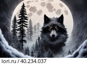 Beautiful winter landscape with giant wolf, warg Fenrir, AI generated. Стоковое AI-изображение, AI-художник Сергей Старуш / Фотобанк Лори