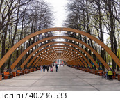 MOSCOW, RUSSIA - MAY 7, 2022 Sokolniki park, sunny autumn day wooden arch. Стоковое фото, фотограф Фотограф / Фотобанк Лори