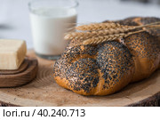 Классическая пшеничная коса или плетёнка с маком. Вкусный хлеб крупным планом. Свежеиспеченный хлеб на закваске с золотистой корочкой на деревянной доске. Контекст пекарни с вкусным хлебом. Кондитерские изделия. Стоковое фото, фотограф Photojuli / Фотобанк Лори