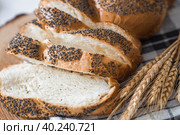 Классическая пшеничная коса или плетёнка с маком. Вкусный хлеб крупным планом. Свежеиспеченный хлеб на закваске с золотистой корочкой на деревянной доске. Контекст пекарни с вкусным хлебом. Кондитерские изделия. Стоковое фото, фотограф Photojuli / Фотобанк Лори