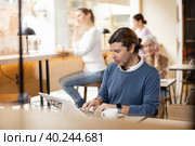 Serious middle-aged man sitting at table, using laptop and enjoing cup of tea in coffee house. Стоковое фото, фотограф Яков Филимонов / Фотобанк Лори