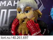 Витязь Святогор - официальный талисман хоккейного клуба "Витязь" (Московская область) в ЦДМ на Лубянке в городе Москве, Россия (2023 год). Редакционное фото, фотограф Николай Винокуров / Фотобанк Лори