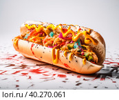 A big juicy hot dog in the style of graffiti. Стоковое AI-изображение, AI-художник Ярославский Максим / Фотобанк Лори