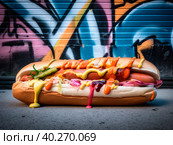 A big juicy hot dog in the style of graffiti. Стоковое AI-изображение, AI-художник Ярославский Максим / Фотобанк Лори