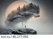 A fantastic cliff looking like giant wolf, warg Fenrir, looking at you trough snow covered trees in the northern forest at twilight. AI generative. Стоковое AI-изображение, AI-художник Сергей Старуш / Фотобанк Лори