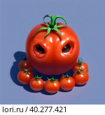This spooky tomato resembles a Halloween pumpkin with eyes and teeth. AI generated. Стоковое AI-изображение, AI-художник Сергей Старуш / Фотобанк Лори