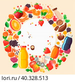 Pieces of fruit and jars of dairy products in the form of a round emblem. Стоковое AI-изображение, AI-художник Ярославский Максим / Фотобанк Лори