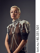 Gorgeous woman in transparent shirt with pearl epaulettes. Стоковое фото, фотограф Гурьянов Андрей / Фотобанк Лори