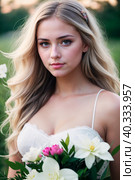 Portrait of a young blonde woman in a white dress with a bouquet of flowers in the evening. Generative AI. Стоковое AI-изображение, AI-художник Mixail59 / Фотобанк Лори