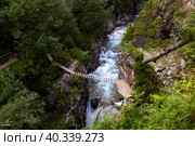 Suspension bridge over a mountain river. Beautiful summer landscape. Стоковое фото, фотограф Виктория Тельминова / Фотобанк Лори