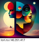 Two-faced female portrait on the background of the seascape "day-night" in the style of surrealism. AI generative. Стоковое AI-изображение, AI-художник Роман Дзюбало / Фотобанк Лори