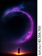 A human figure against the background of a starry sky and a colorful nebula in distant space. Generative AI. Стоковое AI-изображение, AI-художник Mixail59 / Фотобанк Лори
