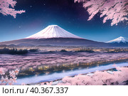 Spring sakura blossoms against the backdrop of Mount Fuji, landscape. Стоковое AI-изображение, AI-художник Сергей Елизарьев / Фотобанк Лори