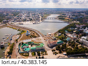 Aerial view of Cheboksary on Volga overlooking Holy Trinity Monastery and Assumption Church, Russia. Стоковое фото, фотограф Яков Филимонов / Фотобанк Лори