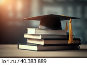 Graduation cap on a gray background on a stack of books with space for text. With Generative AI tehnology. Стоковое AI-изображение, AI-художник Мария Фадеева / Фотобанк Лори