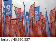 Праздничные флаги украшают Манежную площадь в честь празднования 78-й годовщины Победы в Великой Отечественной войне в центре города Москвы, Россия (2023 год). Редакционное фото, фотограф Николай Винокуров / Фотобанк Лори