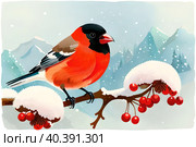 Снегирь на ветке рябины (Pyrrhula pyrrhula). Акварель. The drawing was created using AI. Стоковое AI-изображение, AI-художник Щеголева Ольга / Фотобанк Лори
