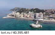 Aerial photo of Adriatic sea shore in Durres, Albania. Ventus Harbor visible from above. Стоковое видео, видеограф Яков Филимонов / Фотобанк Лори
