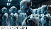 White humanoid androids stand in formation in a dark room. Стоковое AI-изображение, AI-художник Ярославский Максим / Фотобанк Лори