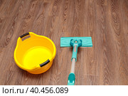 A blue mop with a yellow basin for cleaning and mopping. Стоковое фото, фотограф Юрий Поздников / Фотобанк Лори
