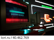 Мультимедийный павильон с информацией о безопасности компьютеров для всех желающих на кибер-фестивале Positive Hack Days в парке Горького в городе Москве, Россия (2023 год). Редакционное фото, фотограф Николай Винокуров / Фотобанк Лори